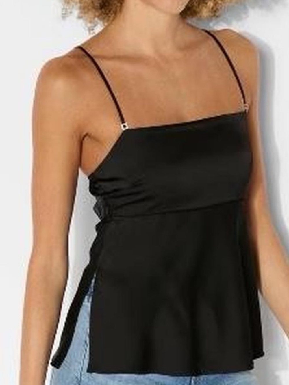 Beautiful Black Satin Spaghetti Strap Cami Top Rhinestones